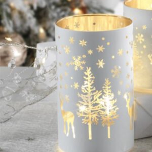 Windlicht met ledverlichting  met herten en sneeuwvlokken H 15CM