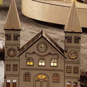 HUISJE 2 TORENS HOUT MINI MET VERLICHTING 3 X 12 X H 14,5CM